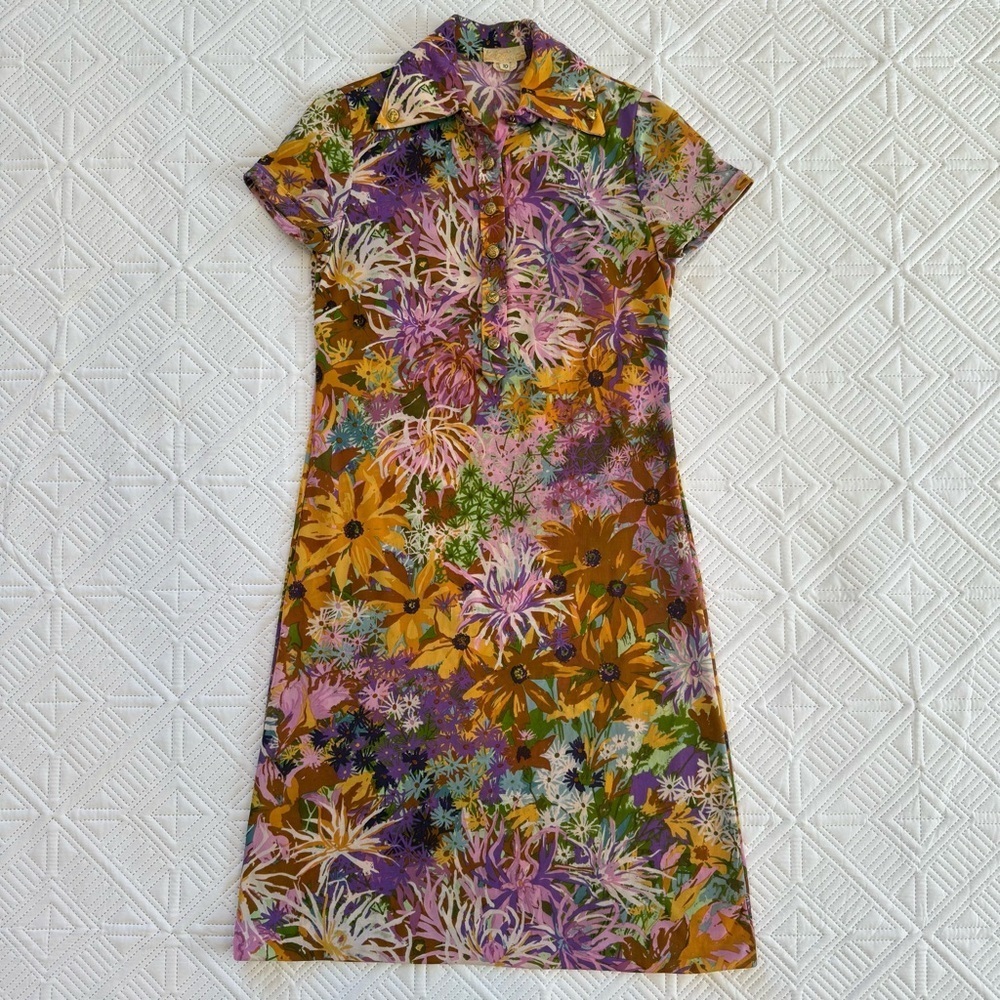 Ken Scott 70’s Vintage Hand Printed Psychedelic Floral Shirt Dress Size 10 (S)